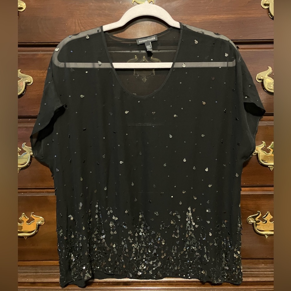 Eileen Fisher Silk Beaded Tee Blouse Black XS